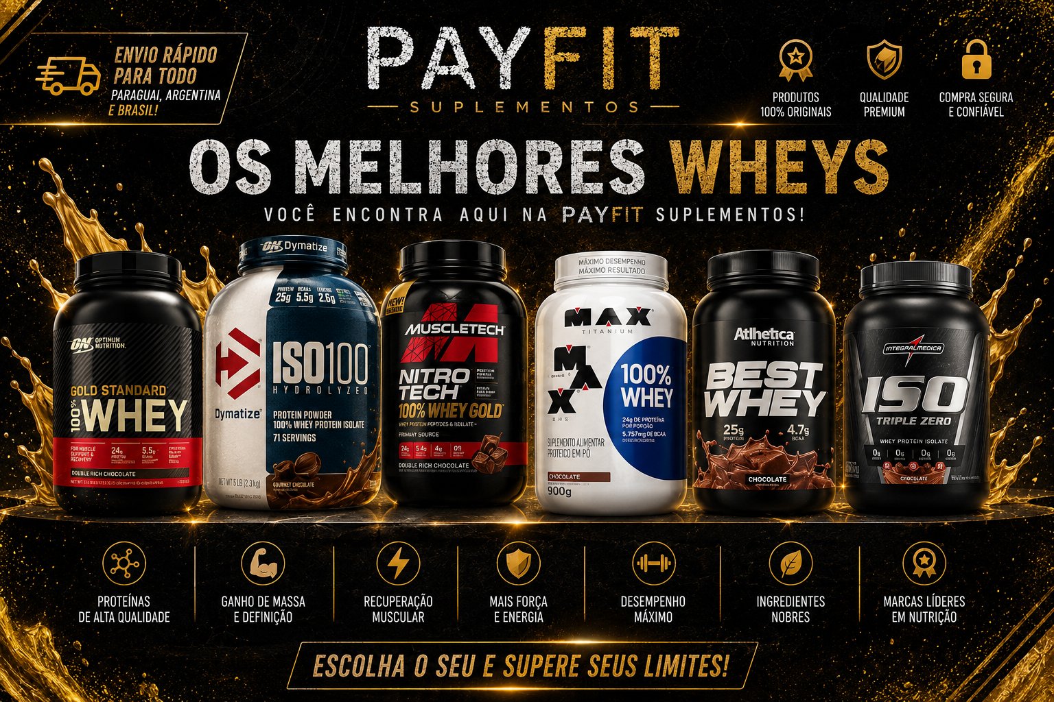 Linha Whey Proteína PY FIT — ISO100, Gold Standard, Syntha-6